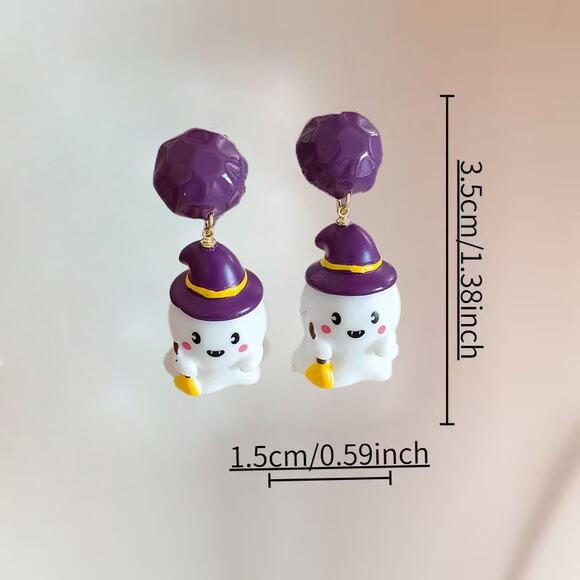 Cute Kawaii Halloween Spooky Purple Witch Hat Ghost Drop Earrings - Picture 2 of 2